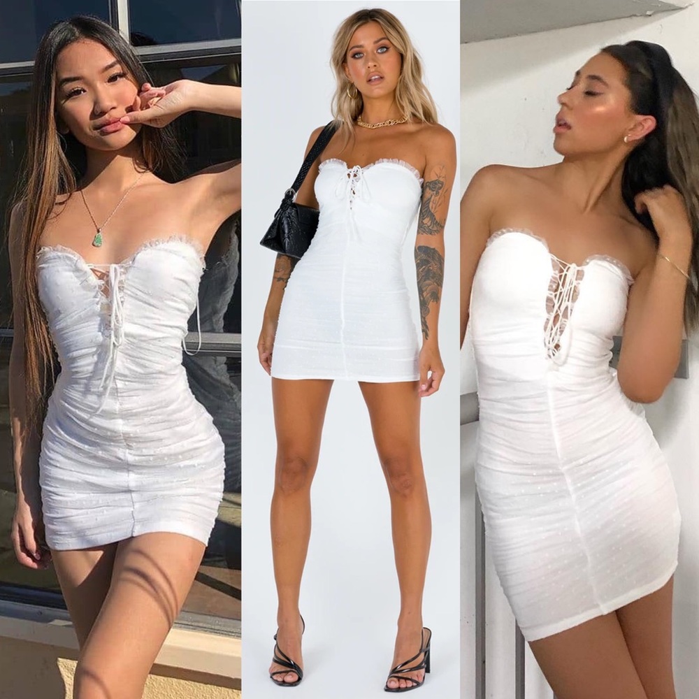 Princess Polly Ayesha White Ruched Polka Dot Ruched Lace Tie Bust Mini Dress